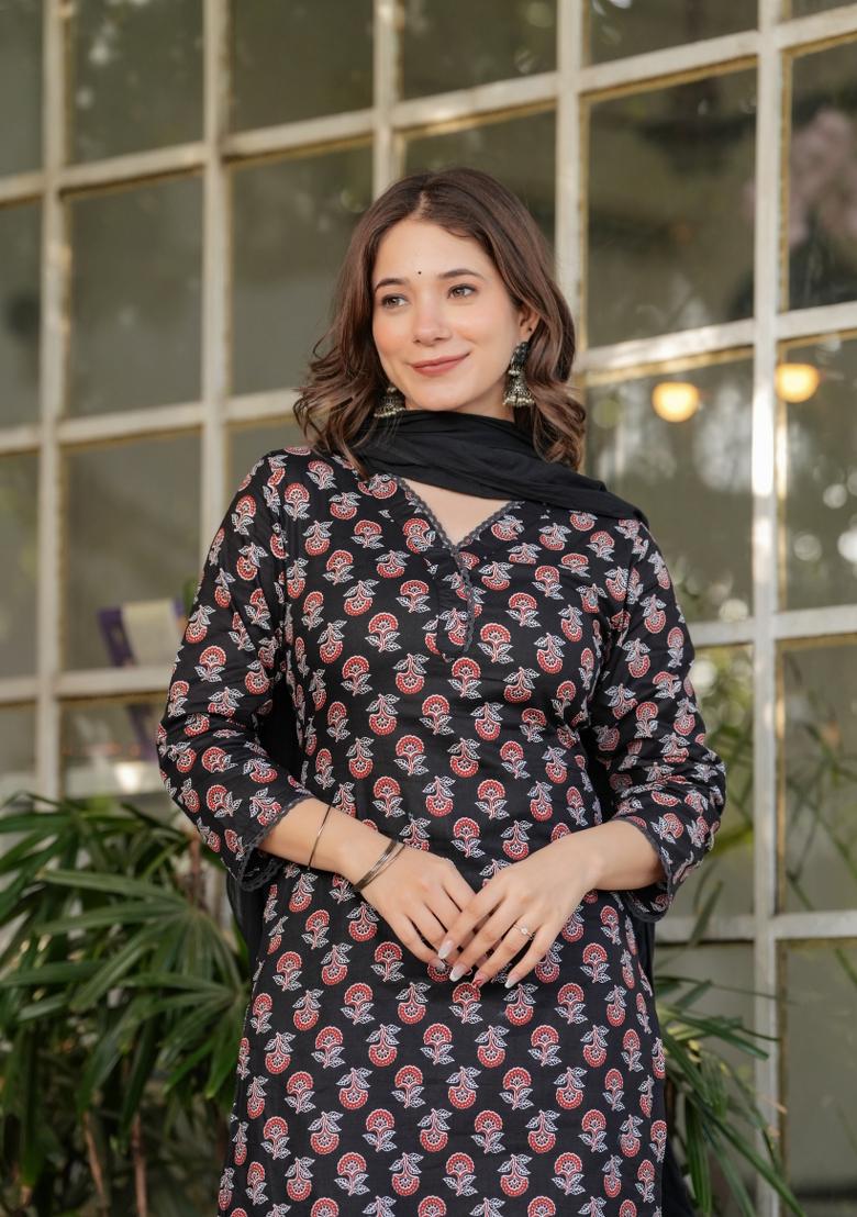 Black Printed Cotton Salwar Kameez With Dupatta