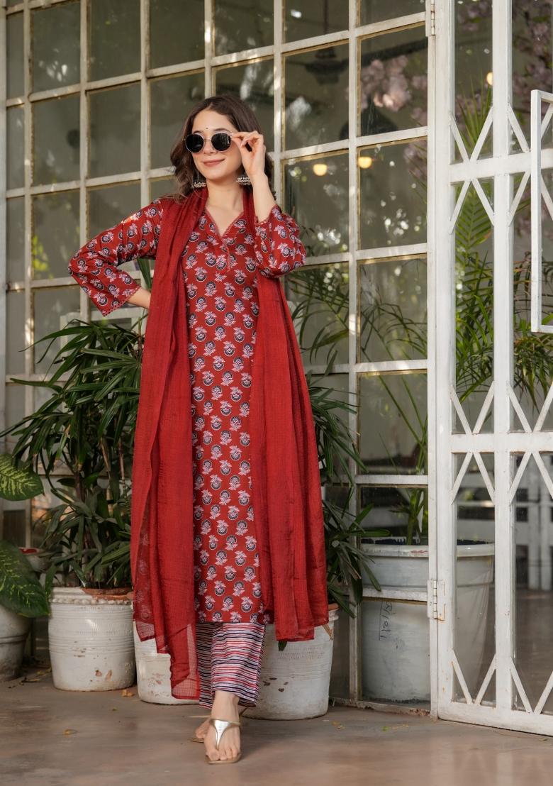 Red Printed Cotton Salwar Kameez With Dupatta - Indya