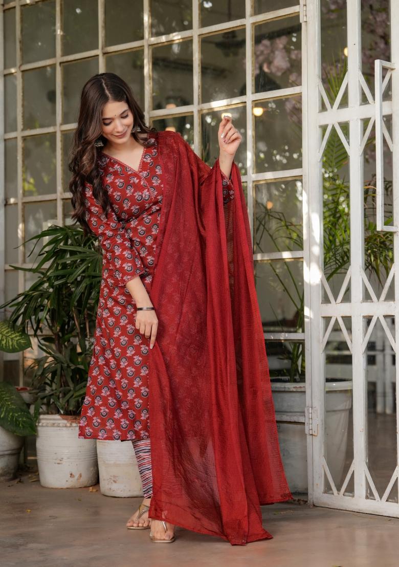 Red Printed Cotton Salwar Kameez With Dupatta