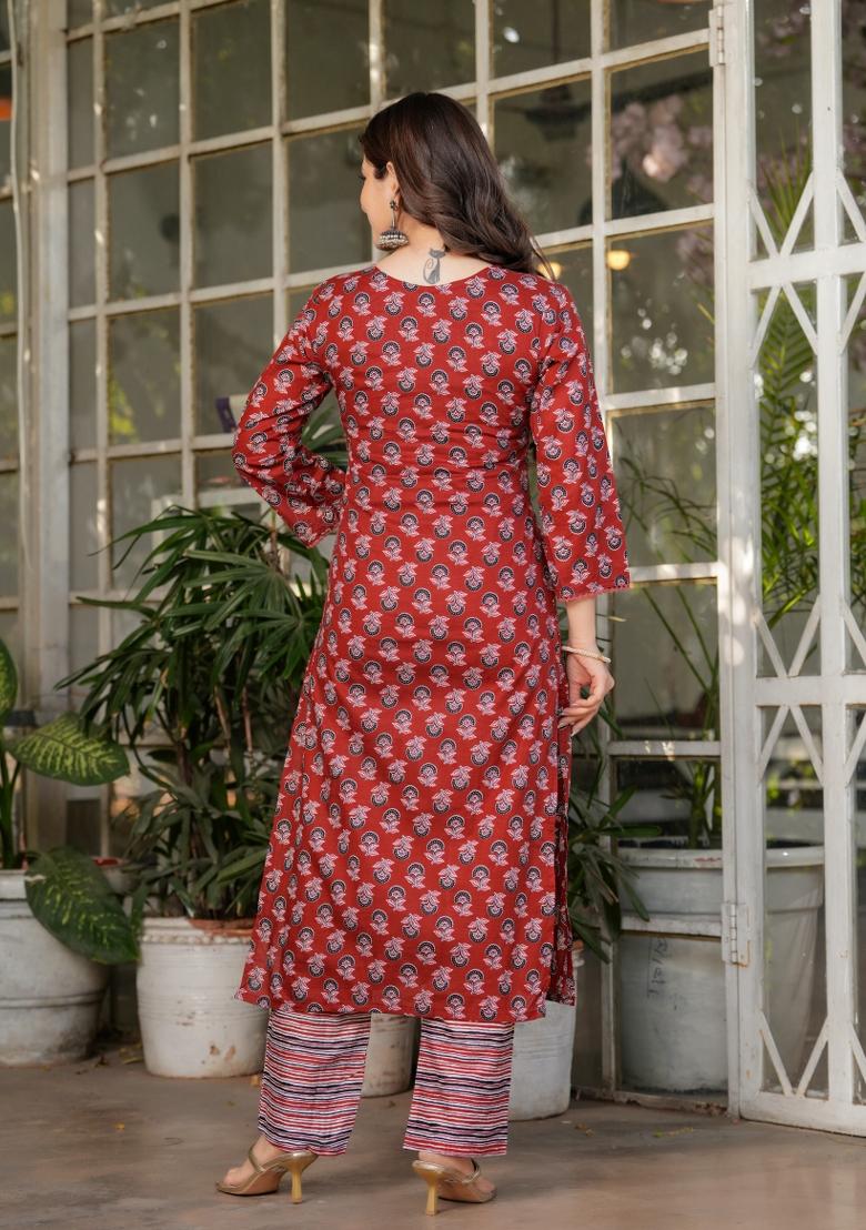 Red Printed Cotton Salwar Kameez With Dupatta - Indya