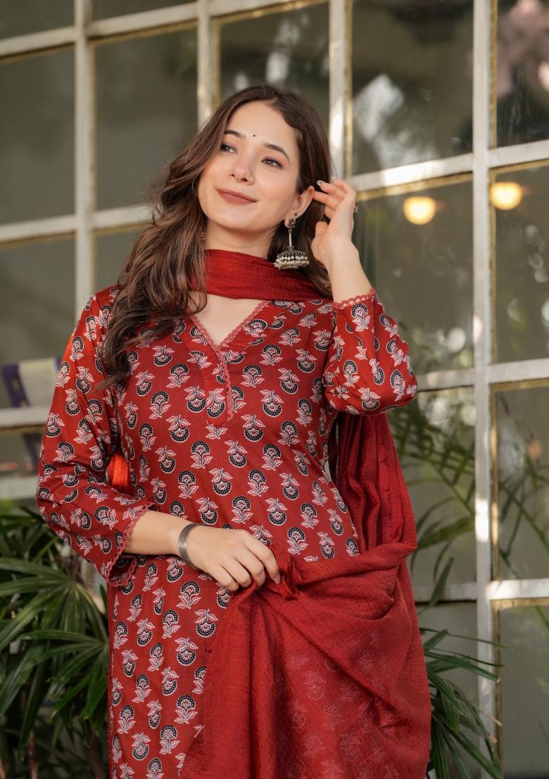 Red Printed Cotton Salwar Kameez With Dupatta