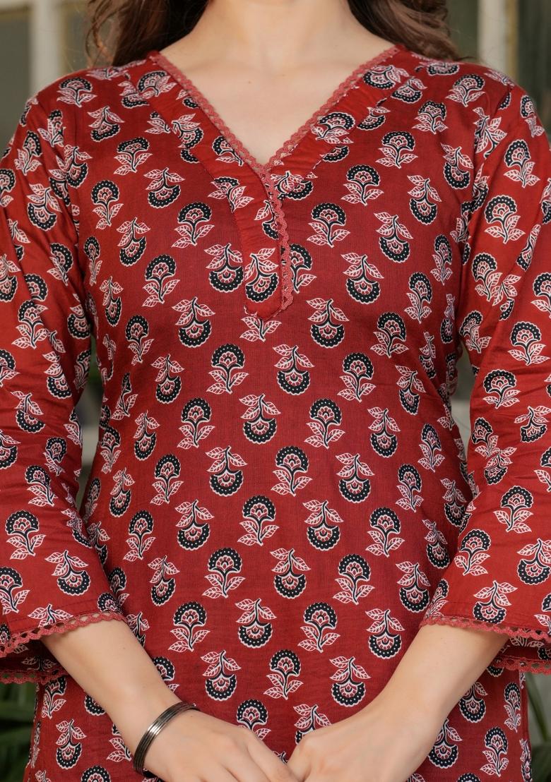 Red Printed Cotton Salwar Kameez With Dupatta - Indya