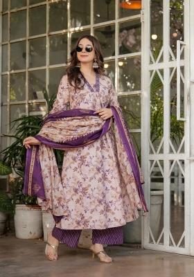 Cream Floral Print Chanderi A Line Kurta Set