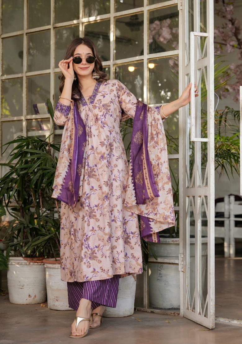 Cream Printed Chanderi Salwar Kameez With Dupatta