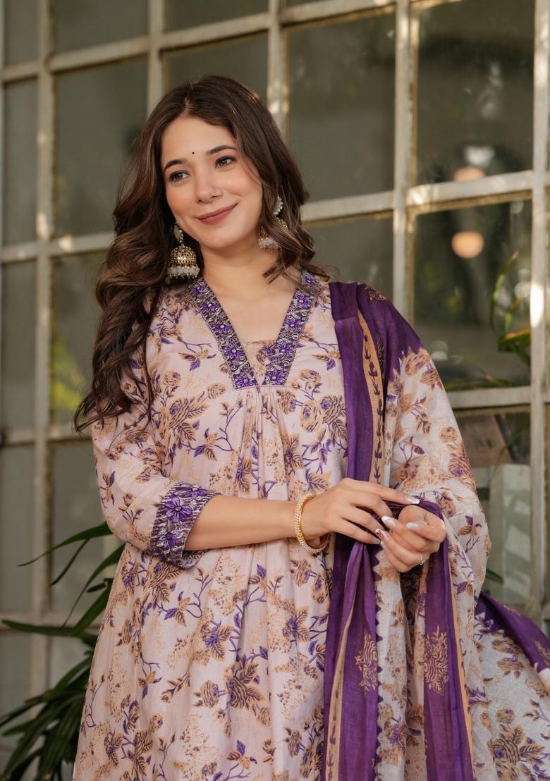 Cream Printed Chanderi Salwar Kameez With Dupatta