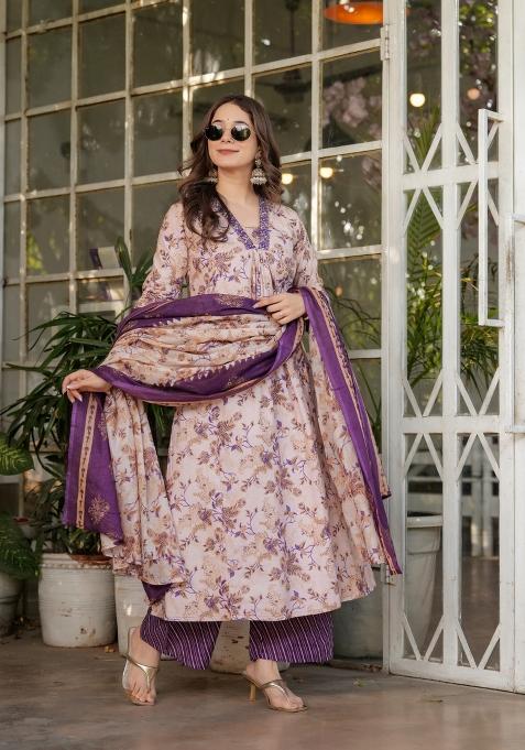 Cream Printed Chanderi Salwar Kameez With Dupatta