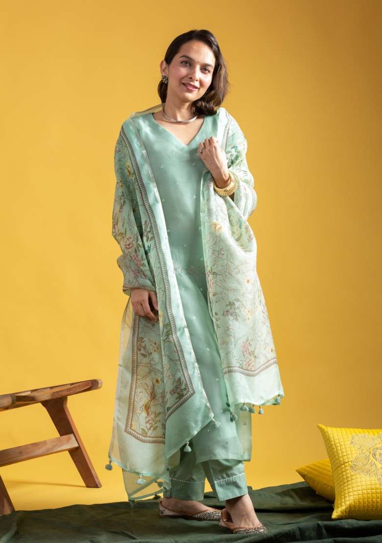 Pista Green Printed Chanderi Straight Kurta Set - Indya