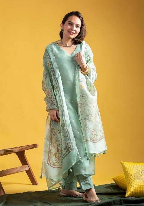 Pista Green Chanderi Viscose Salwar Kameez With Dupatta