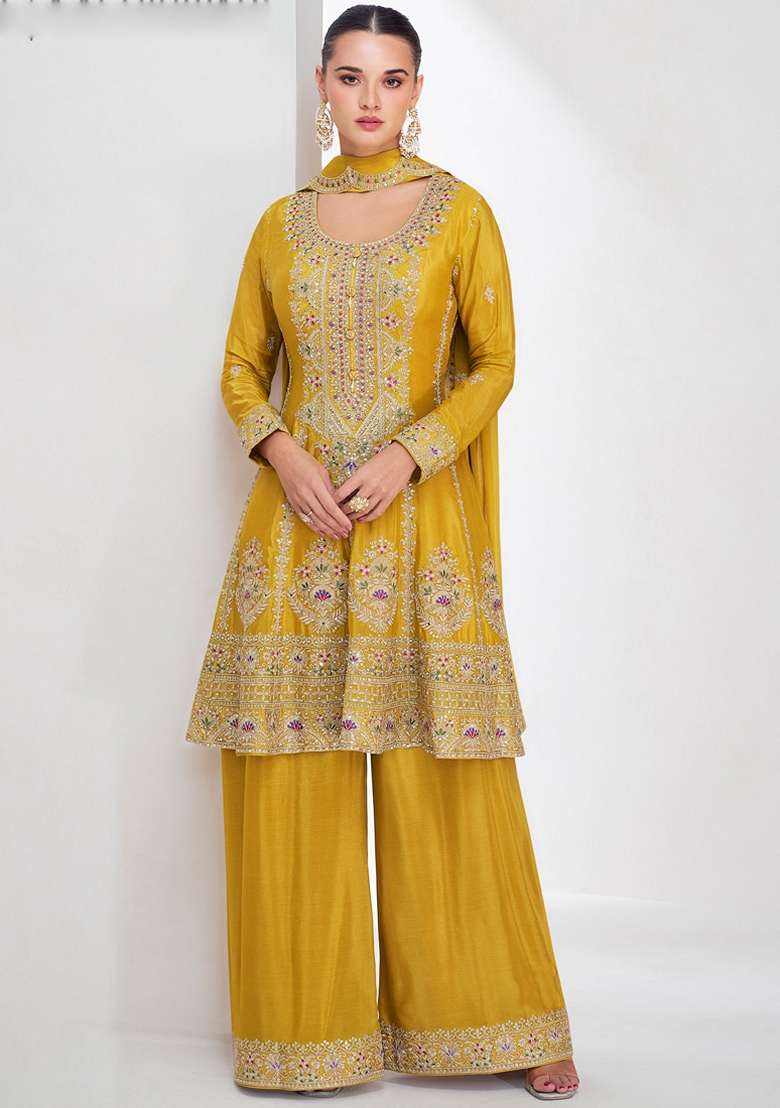 Yellow Embroidered Art Silk Palazzo Set With Dupatta - Indya