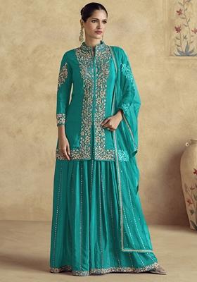 Sky Blue Embroidered Art Silk Palazzo Set With Dupatta