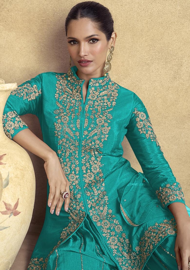 Sky Blue Embroidered Art Silk Palazzo Set With Dupatta