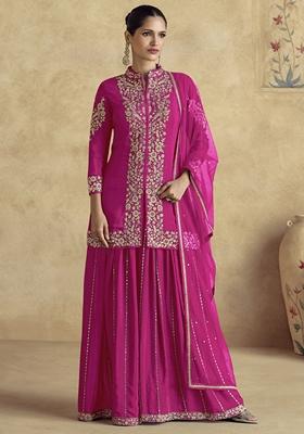 Rani Pink Embroidered Art Silk Palazzo Set With Dupatta