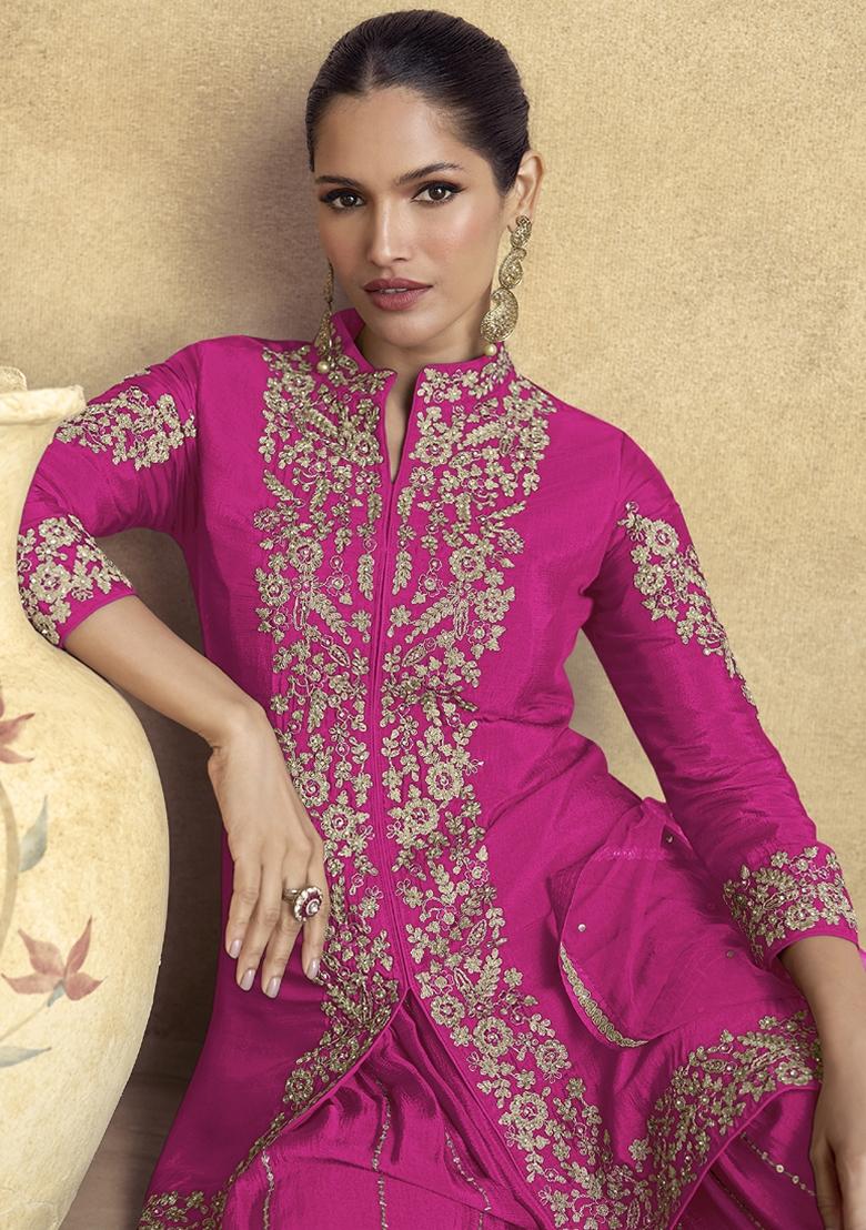 Rani Pink Embroidered Art Silk Palazzo Set With Dupatta