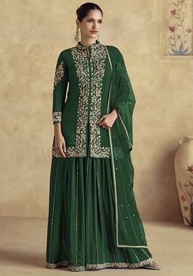 Dark Green Embroidered Art Silk Palazzo Set With Dupatta