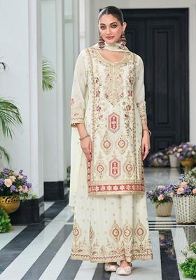 Off White Embroidered Art Silk Palazzo Set With Dupatta