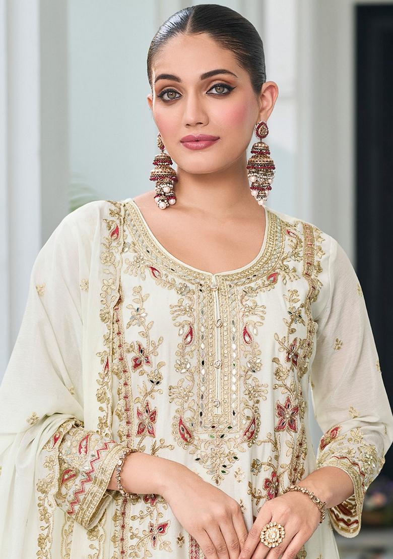 Off White Embroidered Art Silk Palazzo Set With Dupatta