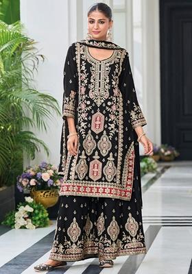 Black Embroidered Art Silk Palazzo Set With Dupatta