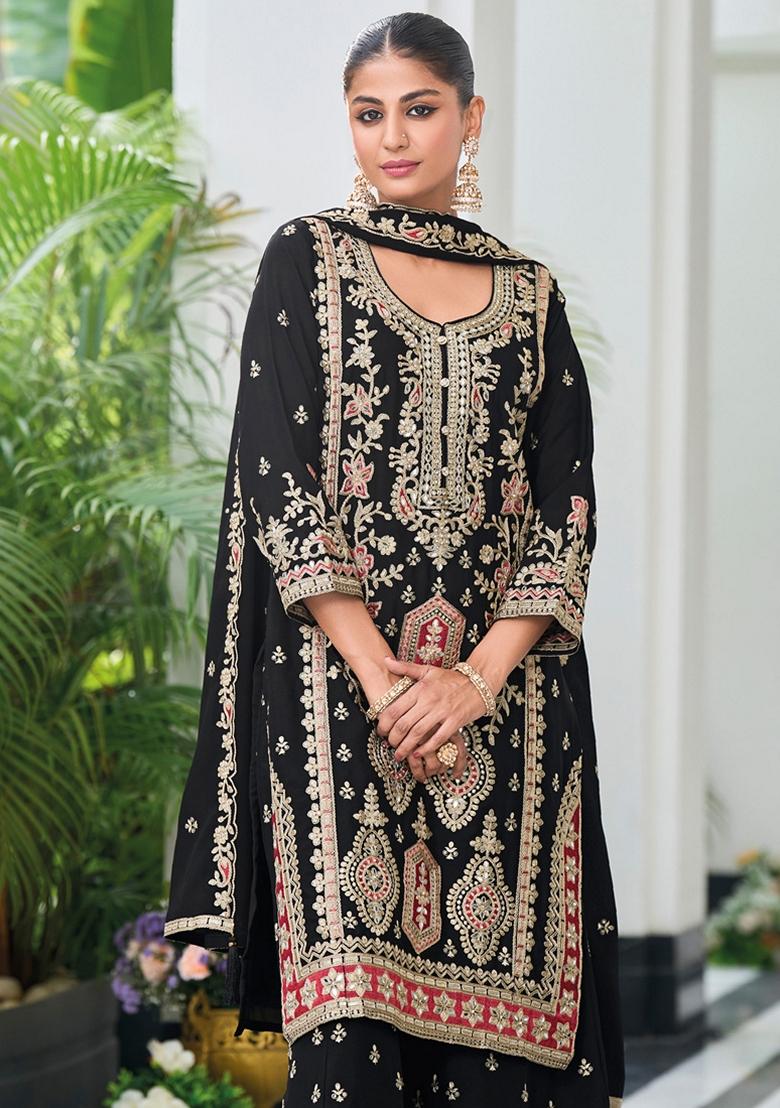 Black Embroidered Art Silk Palazzo Set With Dupatta