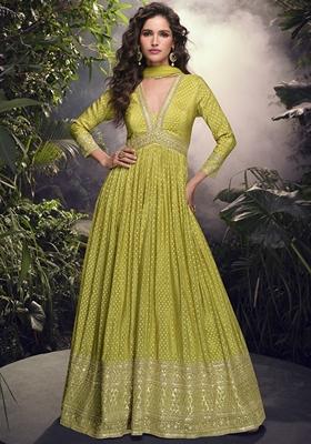 Lime Yellow Embroidered Viscose Anarkali Set With Dupatta