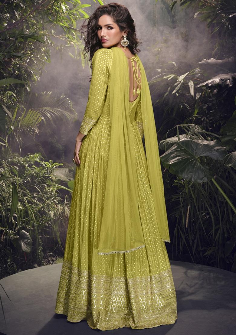 Lime Yellow Embroidered Viscose Anarkali Set With Dupatta