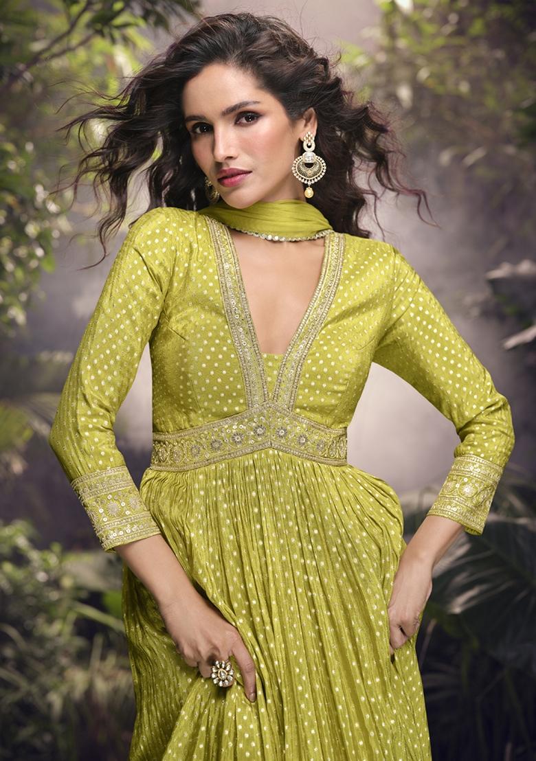 Lime Yellow Embroidered Viscose Anarkali Set With Dupatta