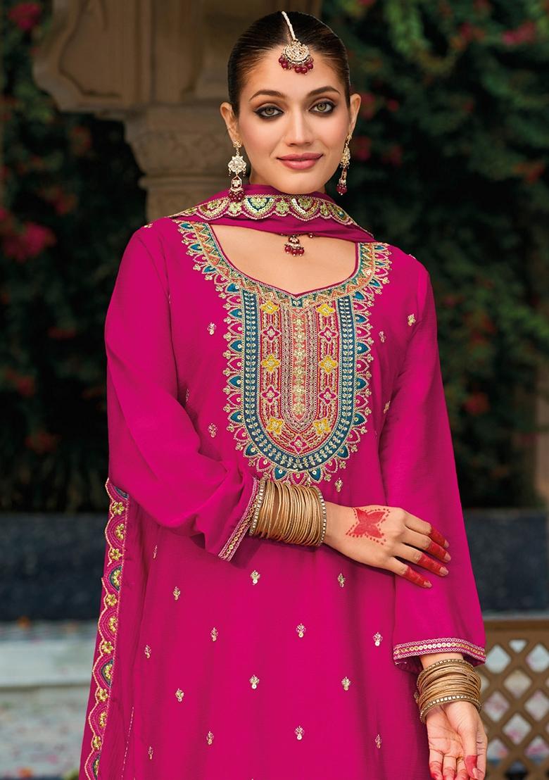 Rani Pink Embroidered Art Silk Palazzo Set With Dupatta