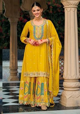 Yellow Embroidered Art Silk Palazzo Set With Dupatta