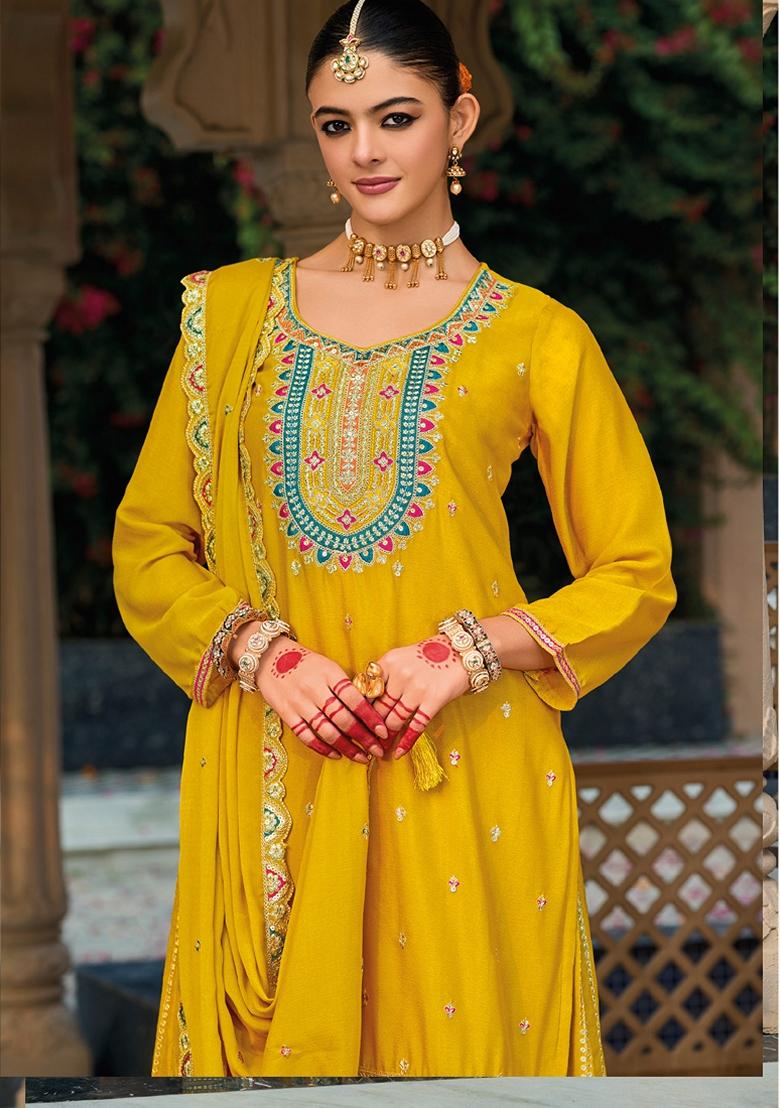 Yellow Embroidered Art Silk Palazzo Set With Dupatta