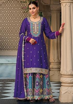 Violet Embroidered Art Silk Palazzo Set With Dupatta