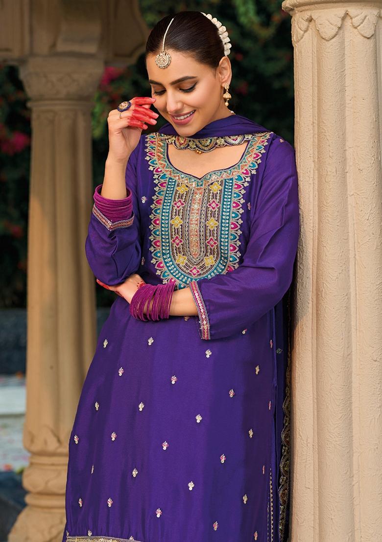 Violet Embroidered Art Silk Palazzo Set With Dupatta