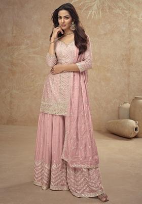 Baby Pink Embroidered Art Silk Palazzo Set With Dupatta