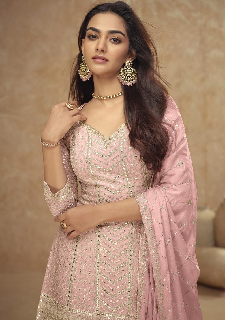 Baby Pink Embroidered Art Silk Palazzo Set With Dupatta