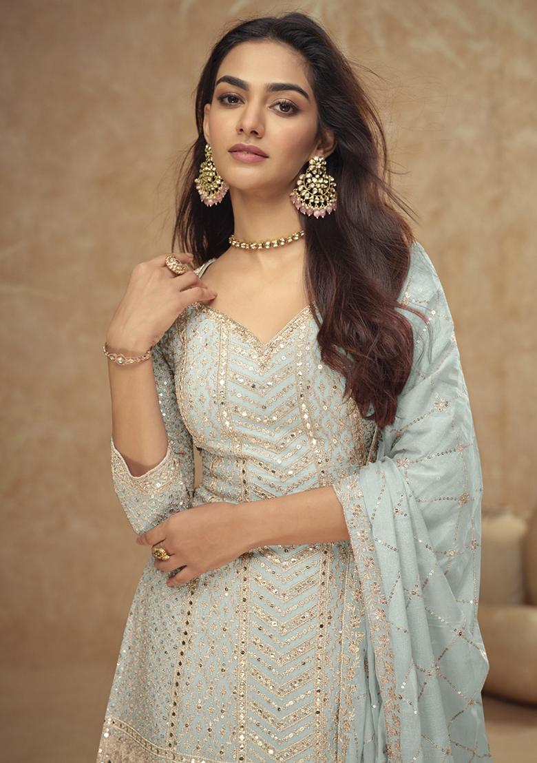 Sky Blue Embroidered Art Silk Palazzo Set With Dupatta