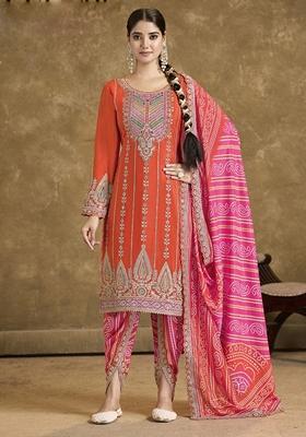 Orange Mirror Work Art Silk Salwar Kameez With Dupatta