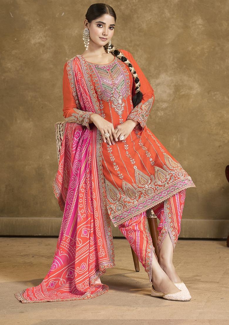 Orange Mirror Work Art Silk Salwar Kameez With Dupatta