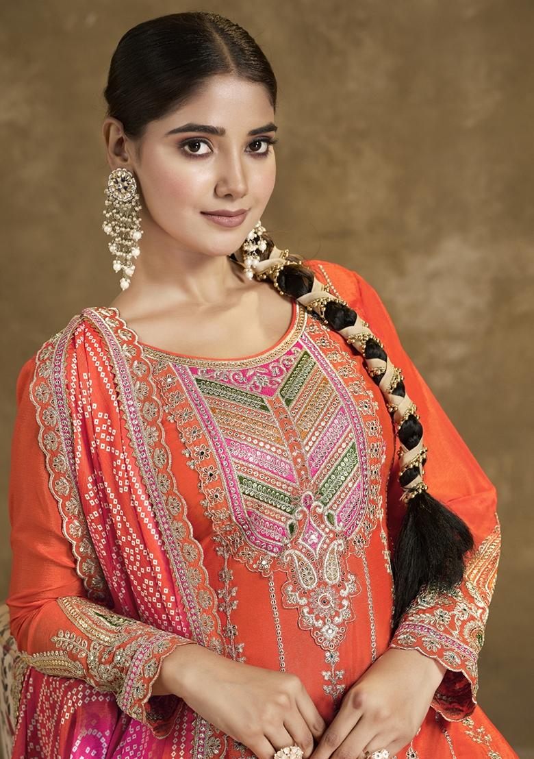 Orange Mirror Work Art Silk Salwar Kameez With Dupatta