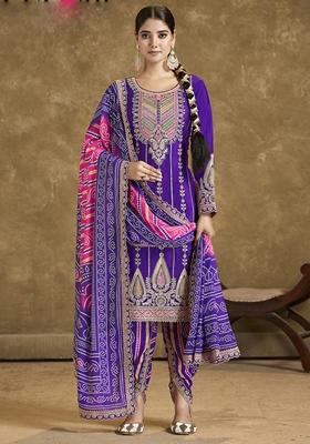 Violet Mirror Work Art Silk Salwar Kameez With Dupatta