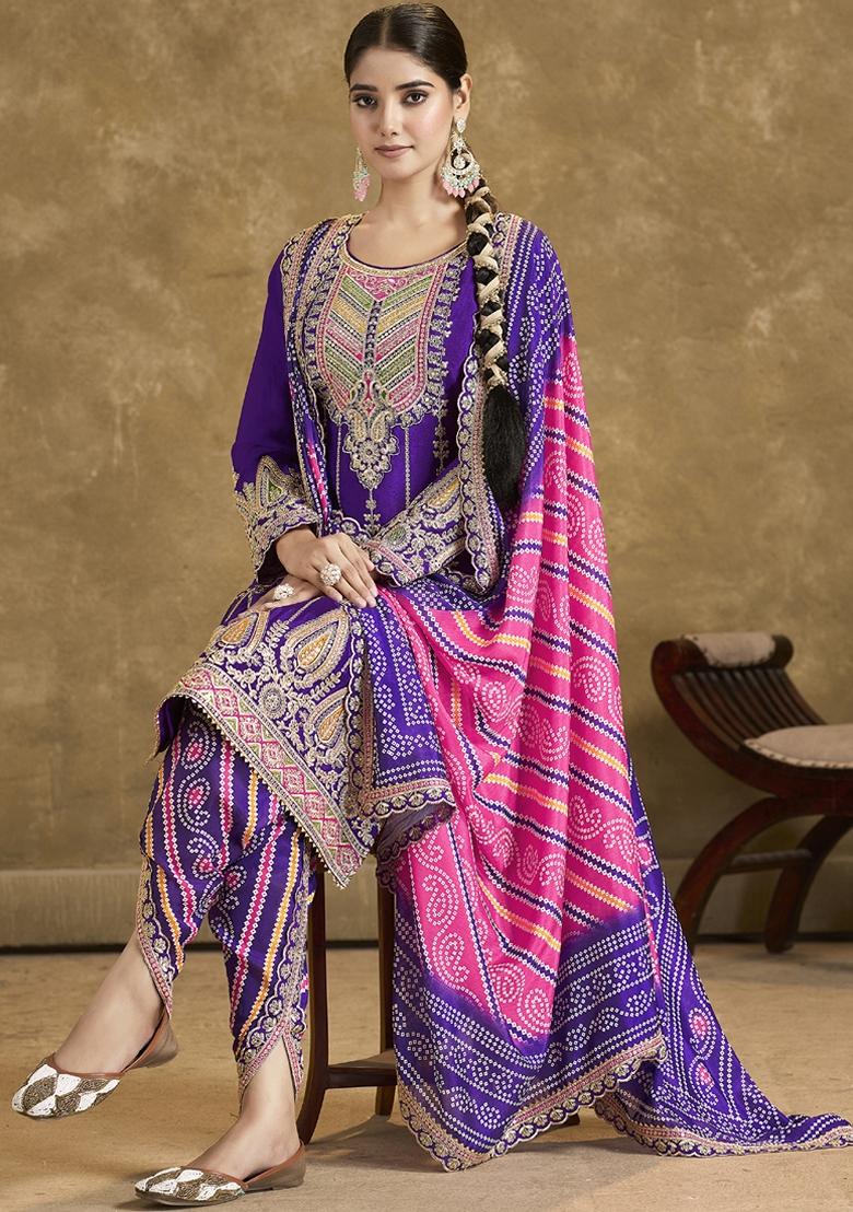 Violet Mirror Work Art Silk Salwar Kameez With Dupatta