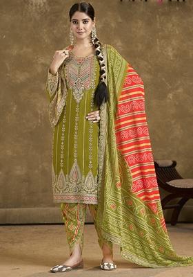 Mehendi Green Mirror Work Art Silk Salwar Kameez With Dupatta