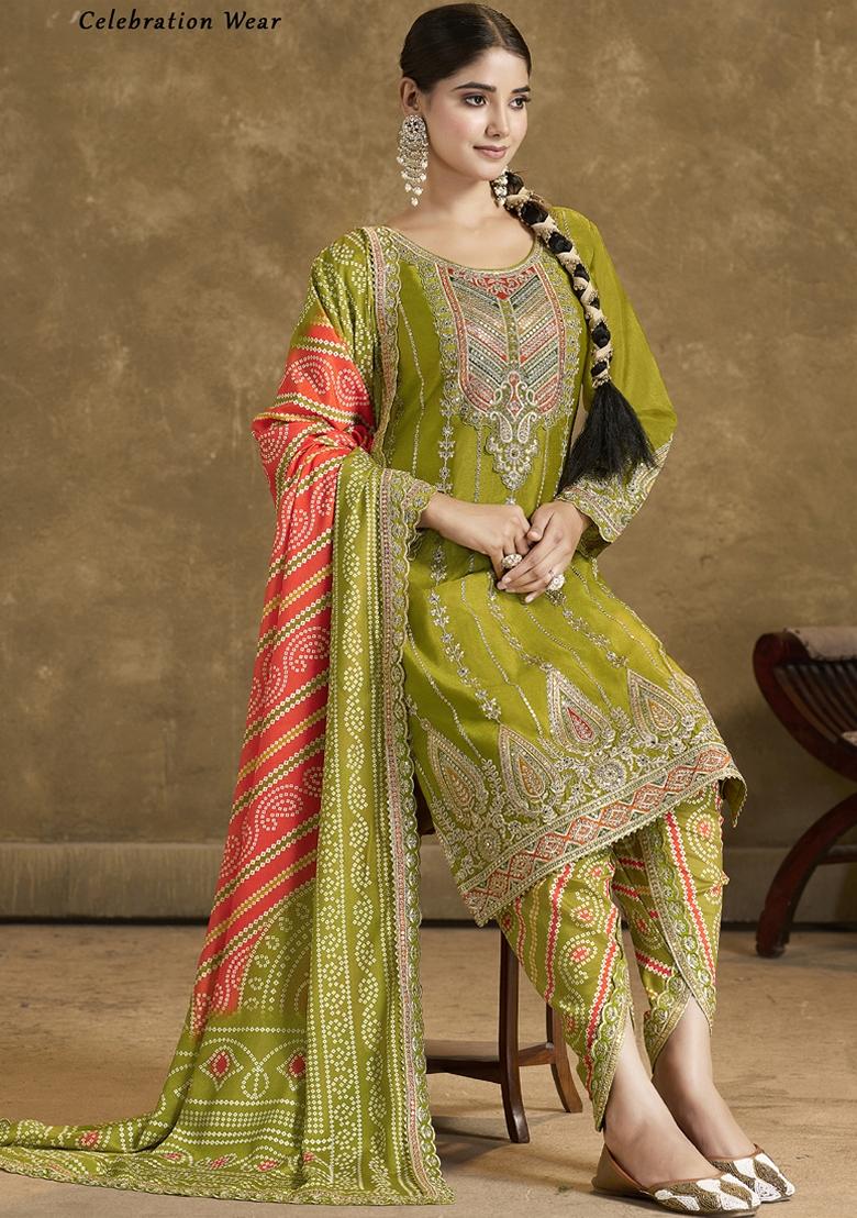 Mehendi Green Mirror Work Art Silk Salwar Kameez With Dupatta