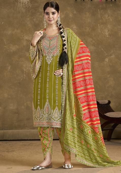 Mehendi Green Mirror Work Art Silk Salwar Kameez With Dupatta