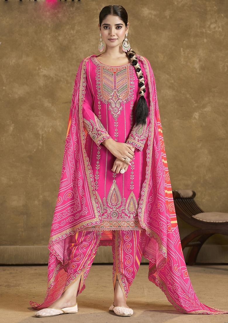 Pink Mirror Work Art Silk Salwar Kameez With Dupatta