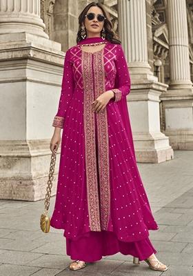 Pink Embroidered Georgette Palazzo Set With Dupatta