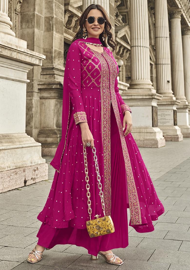 Pink Embroidered Georgette Palazzo Set With Dupatta