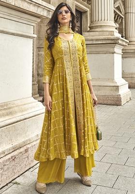 Yellow Embroidered Georgette Palazzo Set With Dupatta