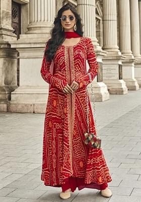 Red Embroidered Georgette Palazzo Set With Dupatta