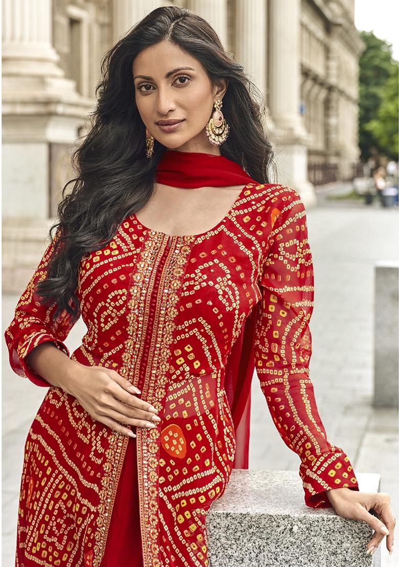 Red Embroidered Georgette Palazzo Set With Dupatta