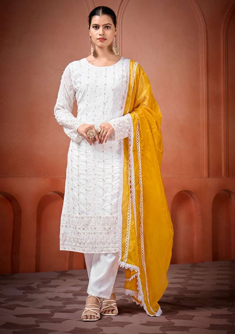 Off White Chikankari Georgette Straight Kurta Set - Indya
