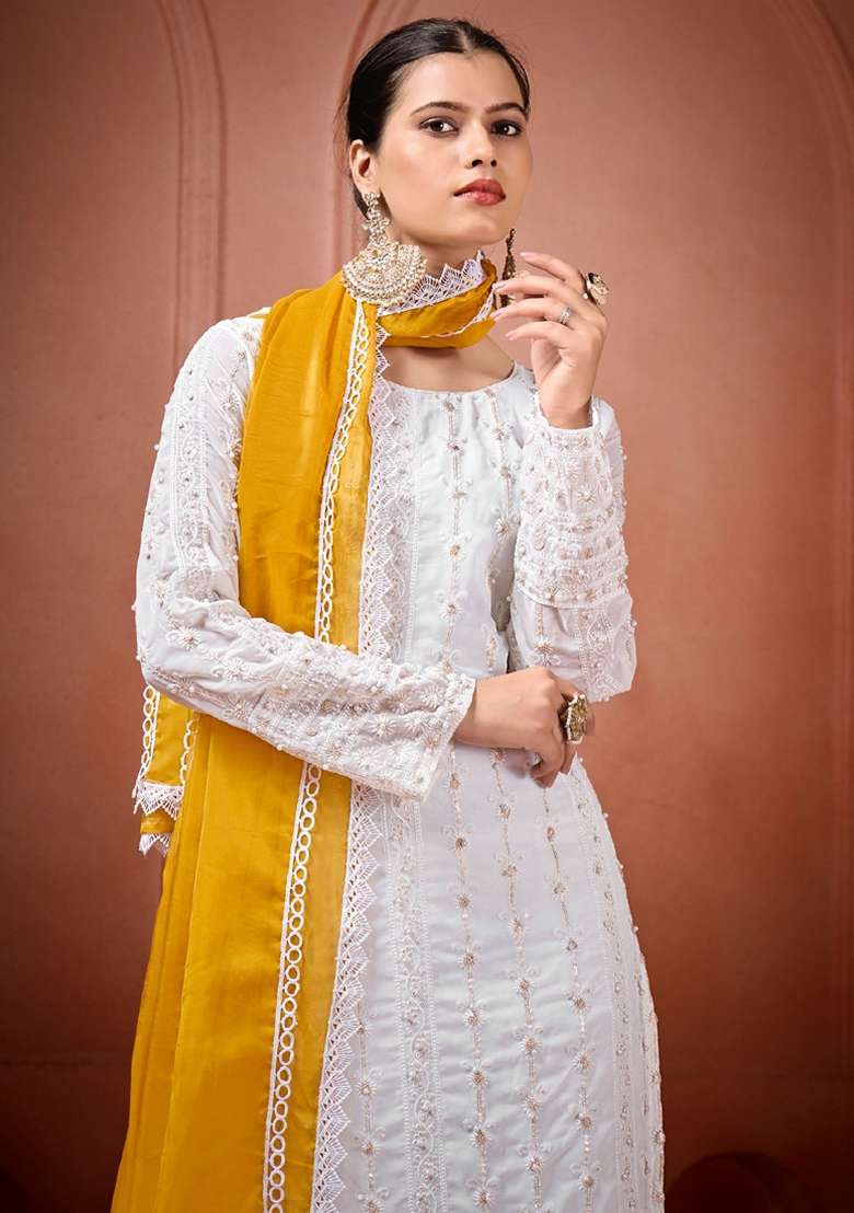 Off White Chikankari Georgette Straight Kurta Set - Indya