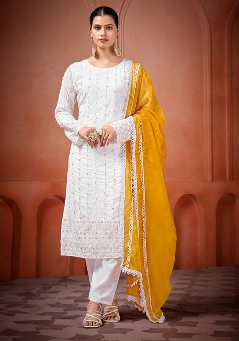 Off White Embroidered Georgette Palazzo Set With Dupatta